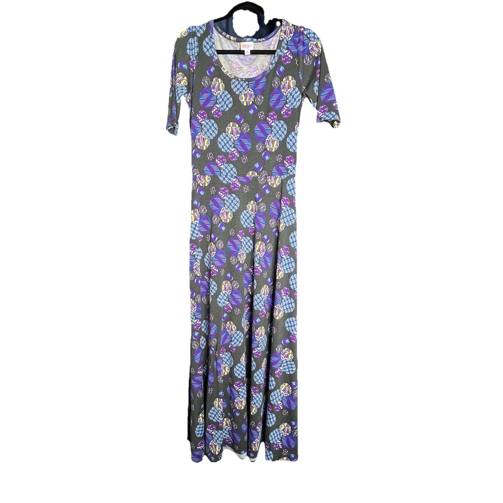 LuLaRoe Ana Maxi Dress Sz Medium Geometric Circle Gray Purple Fit & Flare Casual